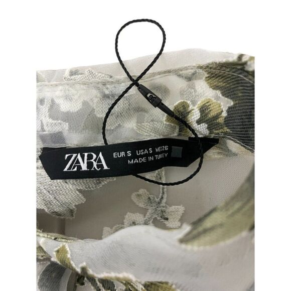 Zara Womens Top S White Green Floral Chiffon Sheer Button Up Long Sleeve NWOT - Picture 3 of 7